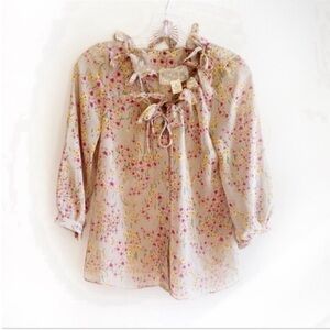 Anthropologie Nick & Mo tan floral sheer top bows buttons